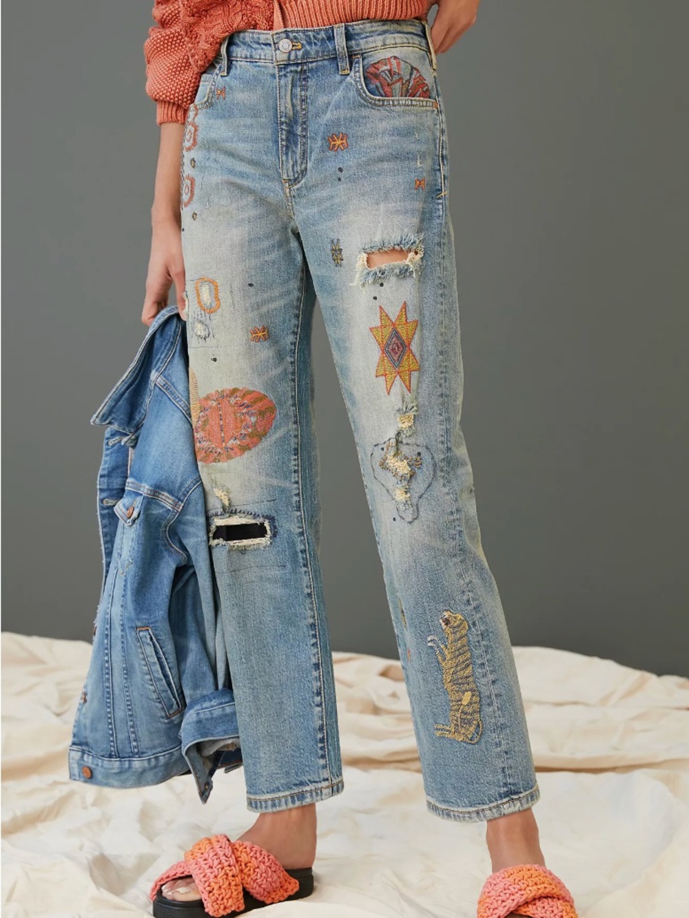 Anthropologie Pilcro Borrowed Boyfriend Jeans Patchwork Embroidered 28